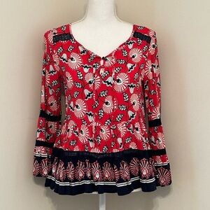 Crown & Ivy Red Floral Blouse with Navy Details